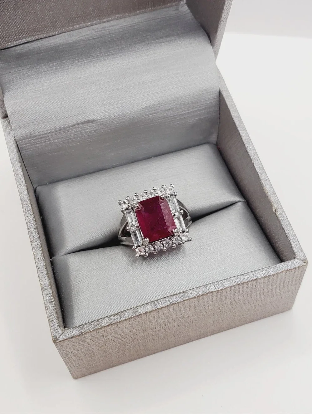 4 Carat Genuine Ruby Center White Topaz Halo Cocktail Ring - 925 Sterling Silver